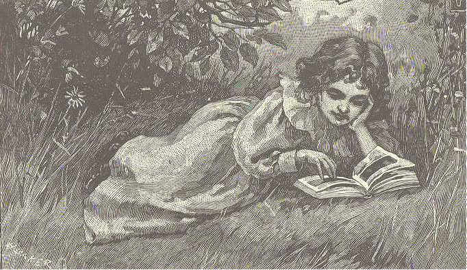 girl reclining in the grass, reading
