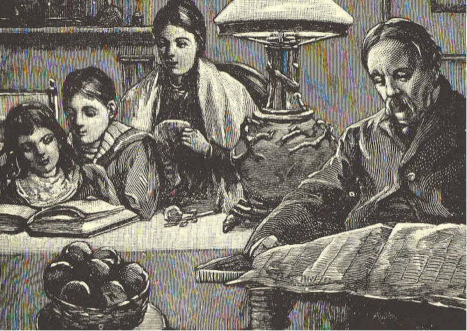 Family at evening; father reading newspaper, mother sewing, boy and girl reading.