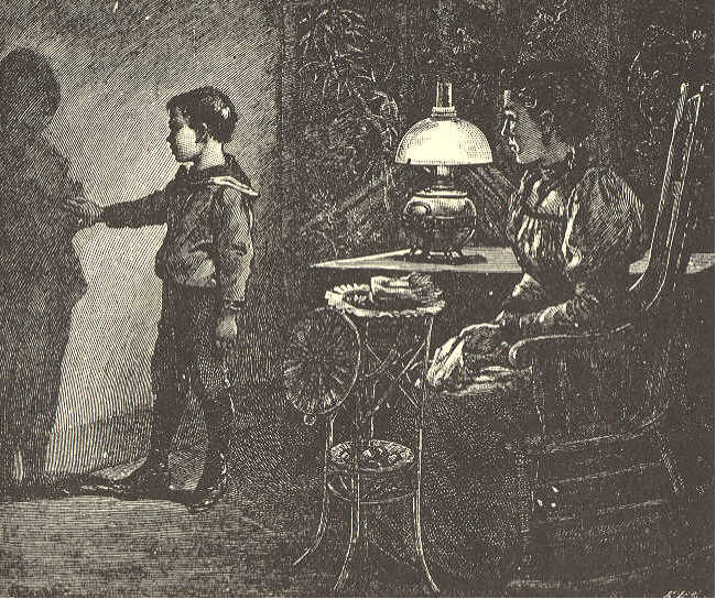 Mother, seated in rocking chair, kerosene lamp on table, boy standing, examining his shadow on the wall.