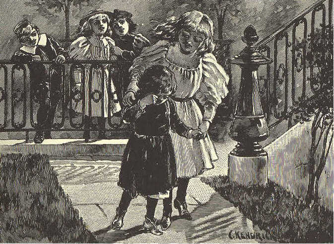 Older girls playing with younger girl. Three children standing in background.