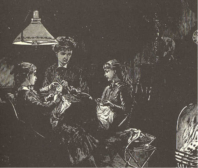 Mother and two girls sewing under a lamp.