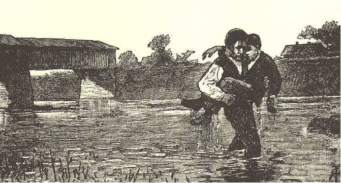 Father carrying boy from water.