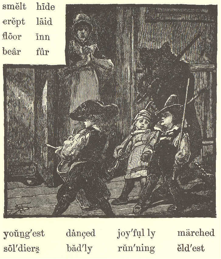 Three children and a bear; surprised woman in background.