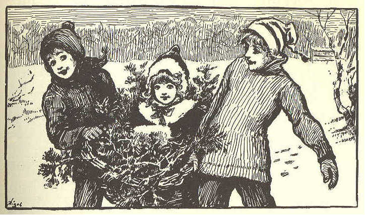 Three girls carrying a small Christmas tree.