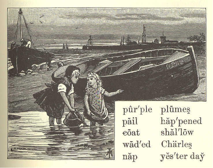 Two girls playing in water; two boats are beached on the sand behind them.
