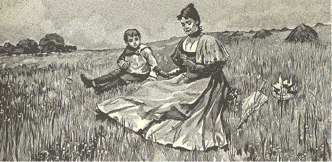 Mother and boy sitting in field.