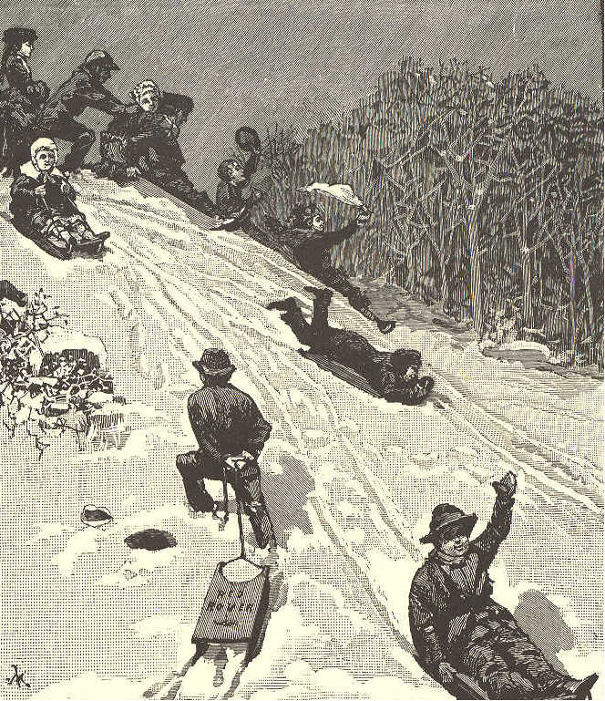 Several children sledding down snowy hill.