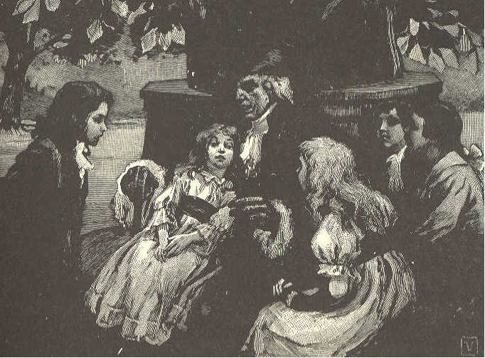 Man telling story to several children.