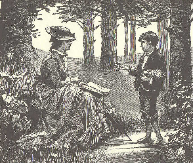 Woman talking to boy.