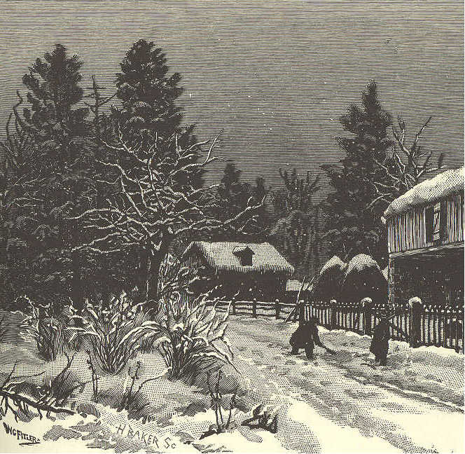 Snow covering house, shed, and road. Children playing.