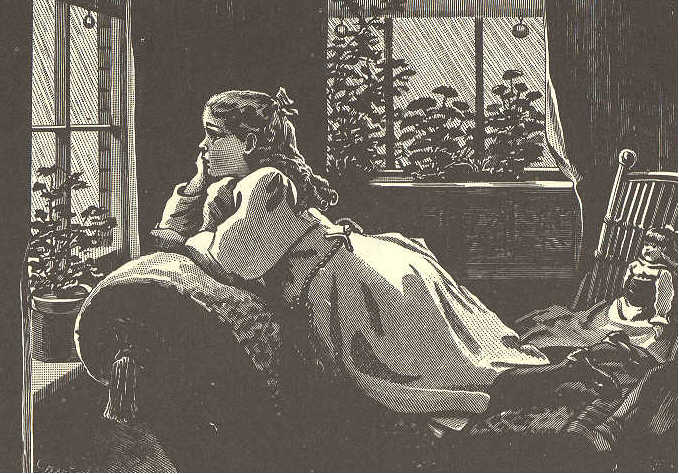 Girl on couch looking out window.