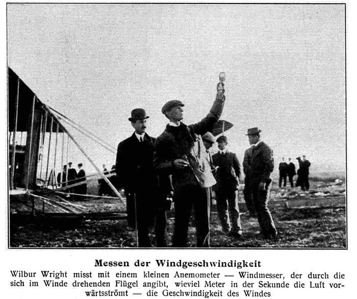 Messen der Windgeschwindigkeit: Wilbur Wright misst mit einem kleinen Anemometer&mdash;Windmesser, der durch die sich im Winde drehenden Fl&uuml;gel angibt, wieviel Meter in der Sekunde die Luft vorw&auml;rtsstr&ouml;mt&mdash;Die Geschwindigkeit des Windes