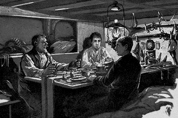 Three men sitting at a table talking below decks on a ship.