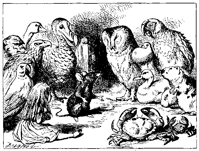 Mouse telling story to birds and Alice