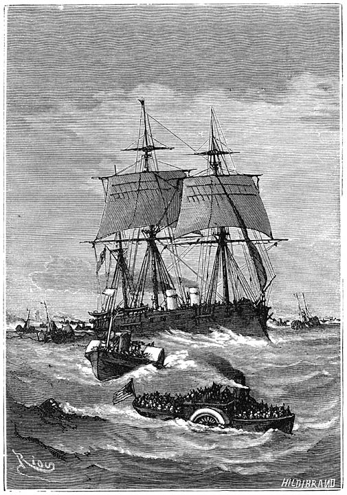 De vloot van scheepjes en booten volgde het fregat.