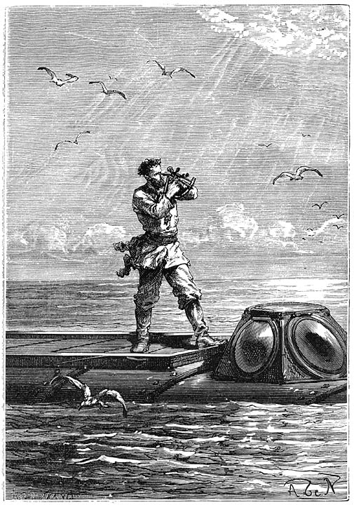 Kapitein Nemo ging met zijn sextant de hoogte der zon opnemen.