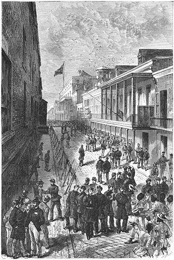 De straat Saint-Louis te Nieuw-Orleans, door de bondstroepen bezet. (4 Januari 1875).