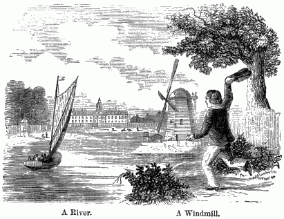 A River. A Windmill. A boy waving to a sailboat on a river with a windmill in the distance.