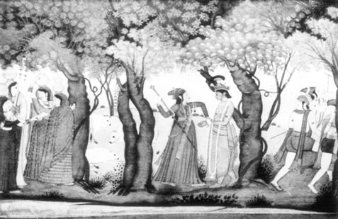 Radha disguised as a Constable arresting Krishna as a Thief