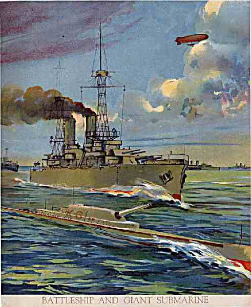Illustration: Battleship And Giant Submarine.