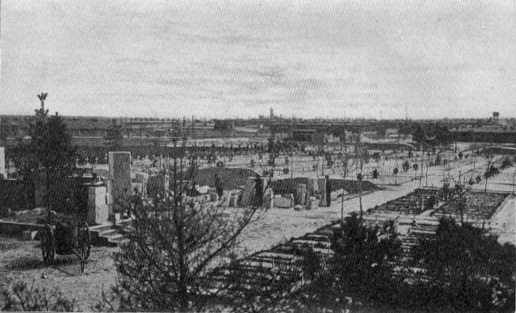 Post-card Sent by Private Bromley from the Prison-camp
of Soltau, Germany, in July, 1918. The Crosses Mark The Graves Of
Prisoners Who Have Died at This Camp