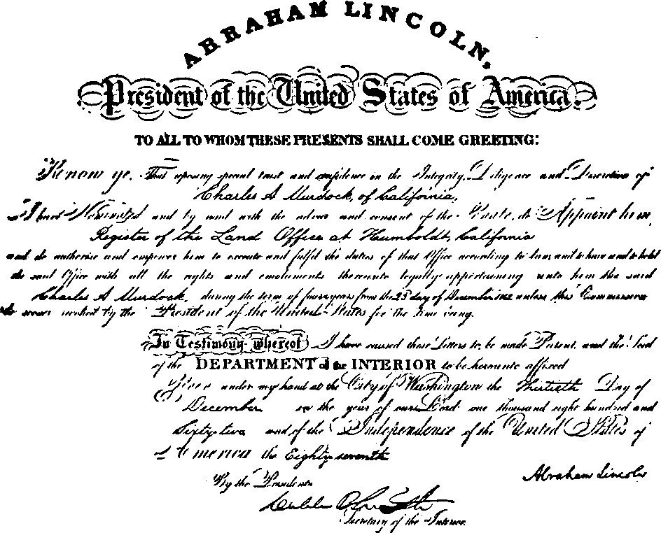 Presidential Commission As Registrar of the Land Office
At Humboldt, California