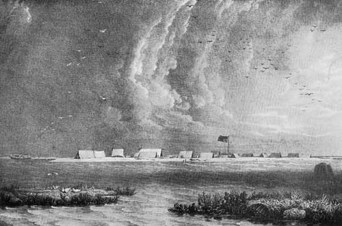 WRECK REEF. From an engraving by John Pye, after a drawing
by W. Westall, A.R.A. From Flinders' "Voyage to Terra Australia" [London,
1814]. To face p. 192.