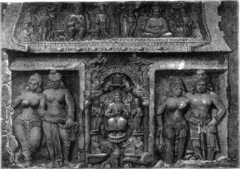SCULPTURED FIGURES IN THE VESTIBULE OF THE GREAT SHA&Icirc;TYA OF KARLI.