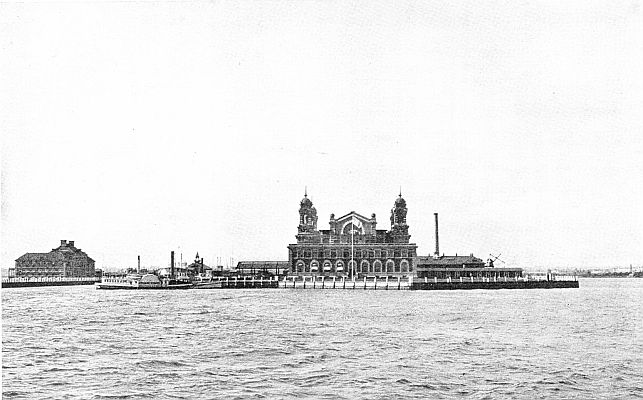 IMMIGRATION STATION, ELLIS ISLAND. The greatest center of
racial activity in the world, where a million aliens yearly pass through
to American citizenship. (Courtesy of U.S. Immigration Station, Ellis
Island.)