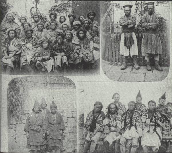 Top left—Hua Miao, all men, of North-eastern Yün-nan. Top right—Ch'in
Miao, men, of Kwei-chow. Bottom left—Three Heh Miao—all women. Bottom
right—Hua Miao—two women have their hair done up in shape of horn to
denotes that they are married; others man.