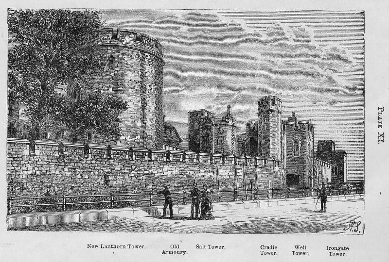 Plate XI. New Lanthorn Tower. Old Armoury. Salt Tower.
Cradle Tower. Well Tower. Irongate Tower.