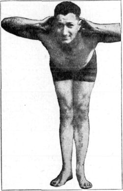FIG. 6.—GRASP

In the "Grasp" position it is not necessary to go to extremes on the
backward movement; only so far as is really comfortable. In the forward
movement the body should come down practically at right angles to the
hips, but the head should not be allowed to drop forward. The head
should be kept up, with the elbows back and the eyes looking to the
front.