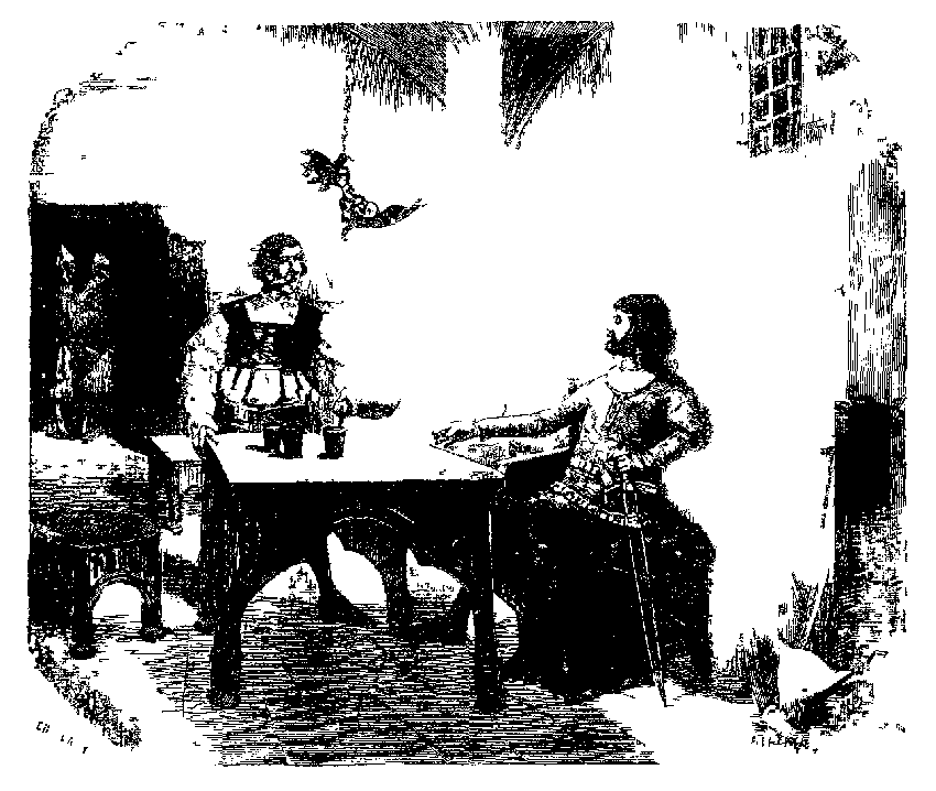 Eene groote kan wijn en drie bekers op de tafel....