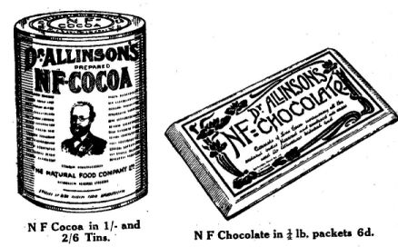 DR. ALLINSONS PREPARED NF-COCOA NF Cocoa in 1/-and 2/6 Tins. and NF-CHOCOLATE NF Chocolate in 1/4 lb. packets 6d.