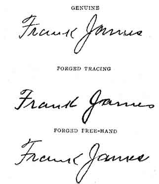 The first signature is the original. The second is a
bungling traced forgery and the third is a forged freehand.