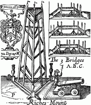 Reproduction of Smith's engraving, 1614, showing his coat of arms with the three Turk heads.