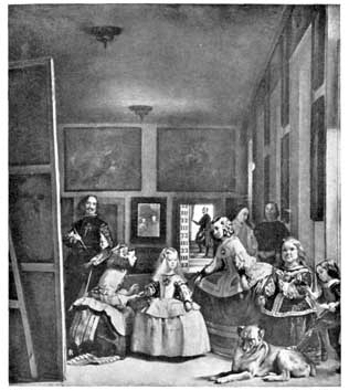 Plate XI. LOS MENENAS. BY VELAZQUEZ (PRADO) Probably the first picture ever painted entirely from the visual or impressionist standpoint. Photo Anderson