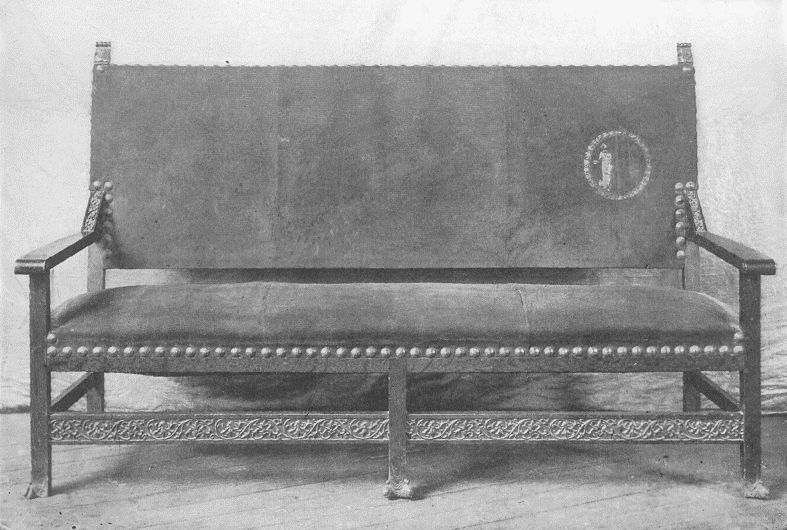 SOFA
DESIGNED BY MRS. CANDACE WHEELER FOR NEW LIBRARY IN "WOMAN'S
BUILDING," COLUMBIAN EXPOSITION