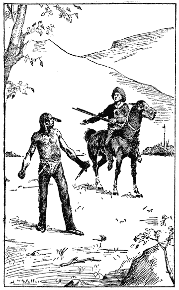 A man on a horse with a gun talks to an Indian standing with a knife.