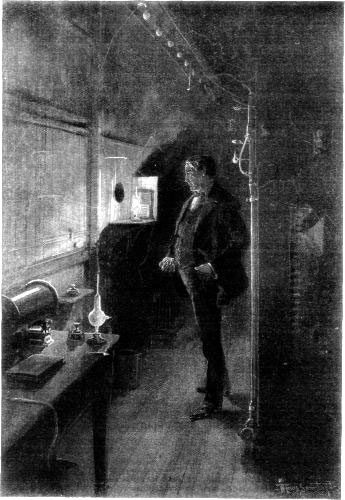 THOMAS A. EDISON EXPERIMENTING WITH THER&Ouml;NTGEN RAYS.