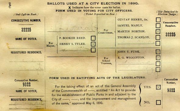 First form of ballot type: City Ballot--no
party names, candidate names in alphabetic order.
