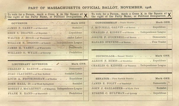 Second form of ballot type: Massachusetts Official Ballot.