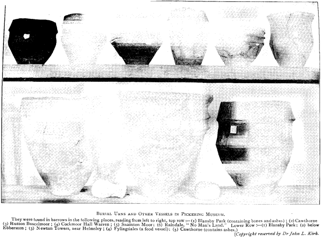 BURIAL URNS AND OTHER VESSELS IN PICKERING MUSEUM. They were found in barrows in the following places, reading from left to right, top row:--(1) Blansby Park (containing bones and ashes); (2) Cawthorne; (3) Hutton Buscelmoor; (4) Cockmoor Hall Warren; (5) Snainton Moor; (6) Raindale, ¨No Man's Land.¨ Lower Row:--(1) Blansby Park; (2) below Ebberston; (3) Newton Towers, near Helmsley; (4) Fylingdales (a food vessel); (5) Cawthorne (contains ashes.) [_Copyright reserved by Dr John L. Kirk._]