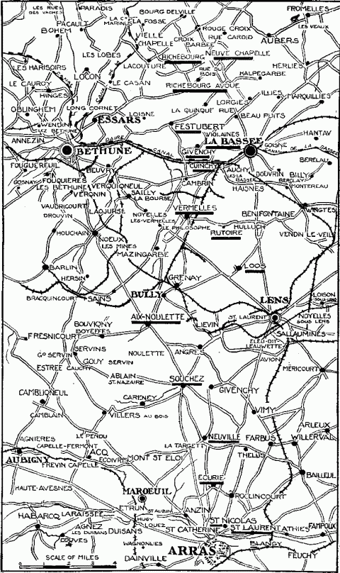 The places underlined in the above map indicate the points around La Basse and southward to Arras, where part of the British Expeditionary Force was heavily engaged.