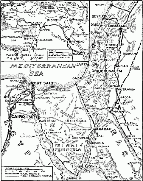 Showing the Turkish points of concentration in Palestine and the principal routes leading thence to the Suez Canal. The intervening desert Peninsula of Sinai constitutes a formidable obstacle to an invading force. Inset is a map of the Ottoman Empire showing in the northeast the Caucasus, where the Turks were routed by the Russians, who later advanced on Erzerum and Tabriz. The British expedition in the Persian Gulf region occupied Basra and was on Feb. 1, 1915, at Kurna, the point of confluence of the Tigris and Euphrates.