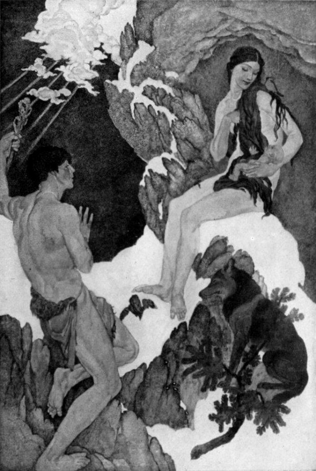 There, seated in the entrance to the cave, the Man saw the Woman, but
not the Woman as he had left her.