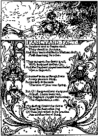 This is an illustrated poem with the shepherd and shepherdess sitting in the grass above the poem, and the two of them sick with their heads wrapped on either side of the poem.