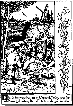 This is a full page picture of a country-side field with children listening to a man in Cap and Motley play an instrument. Other full page illustrations within the text also will have short descriptions in addition to the words of the poem on the page.