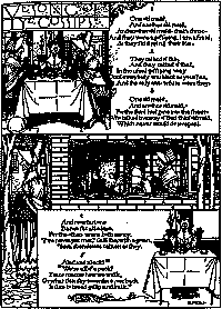 This is a full page illustrated poem depicting: the three old maids gossiping at a table, the two old maids gossiping as the other leaves, and the last old maid sitting alone.