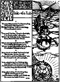 This full page illustrated poem shows the man in the tub on the sea, dreaming of the roasted pig.